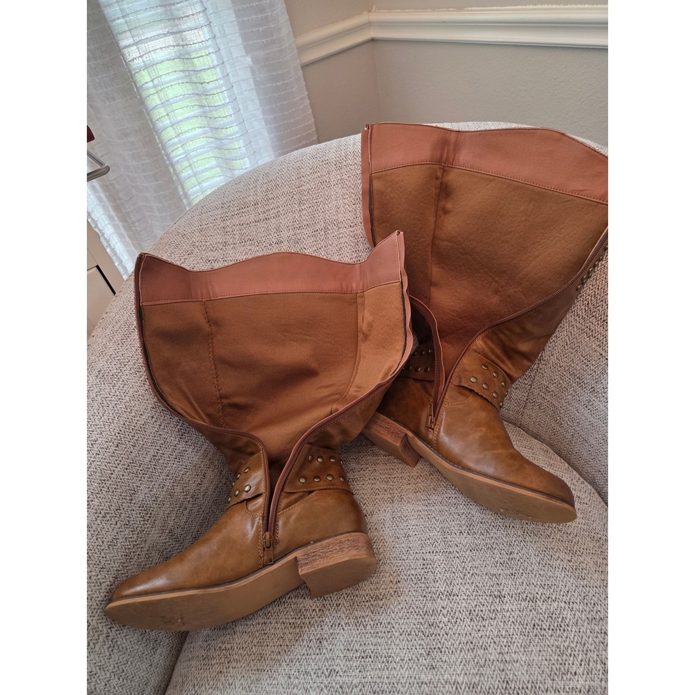 Pierre Dumas Tan Studded Tall Riding Boots Western Boho Vegan Leather - Picture 3 of 5